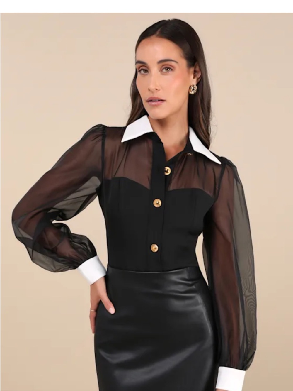 Lulu's Black Sheer-Sleeve Button Front Top with White Collar - XS - Picture 5 of 6